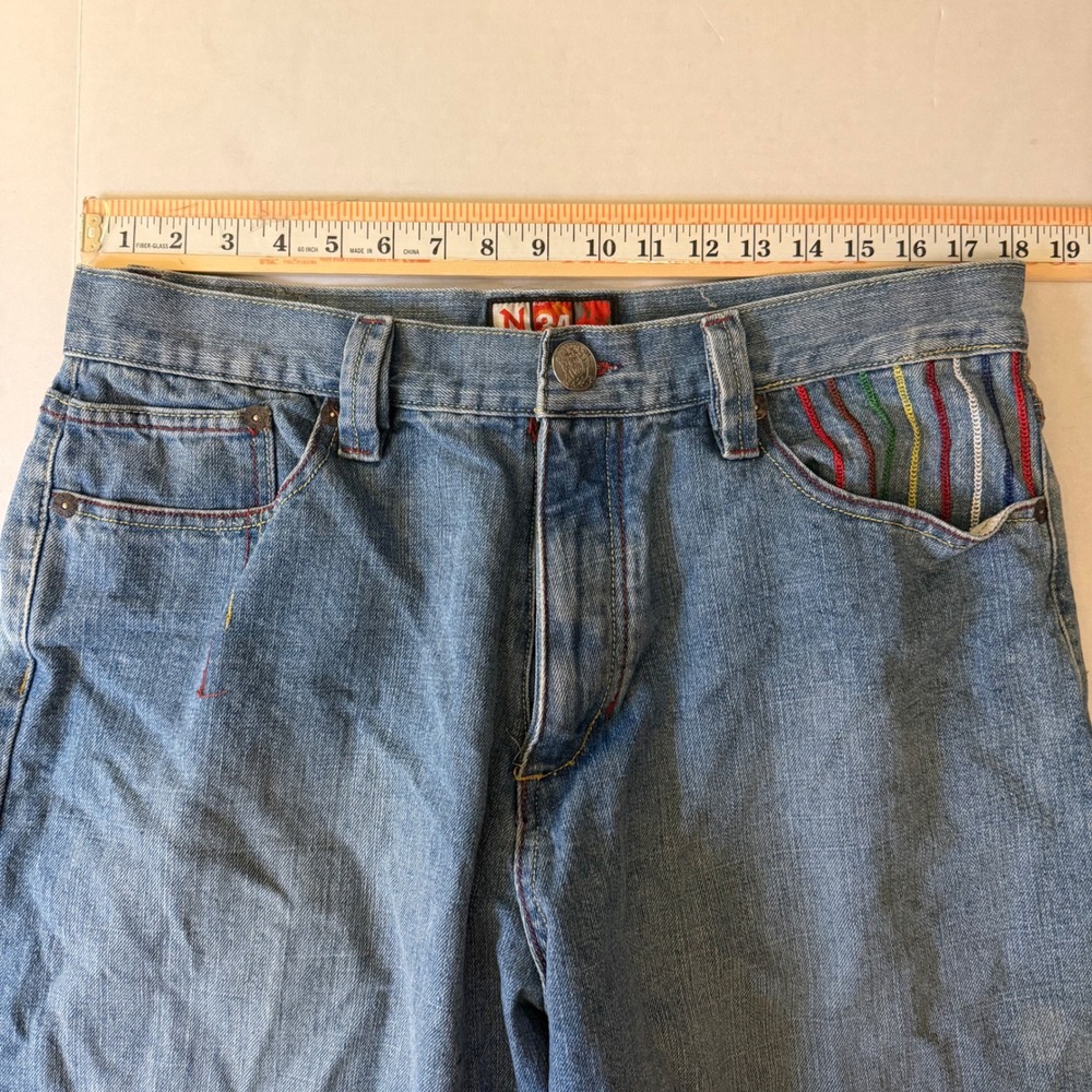 Nu Wear Mens Baggy Denim Shorts Blue Rainbow Embroidery Jorts Size 34 90s Y2K - Picture 4 of 11